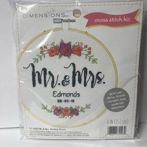Dimensions Mr & Mrs Wedding Record Cross Stich Kit 6" Thread Hoop Aida Fabric